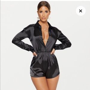 Black Satin Shirt Romper Pretty Little Things